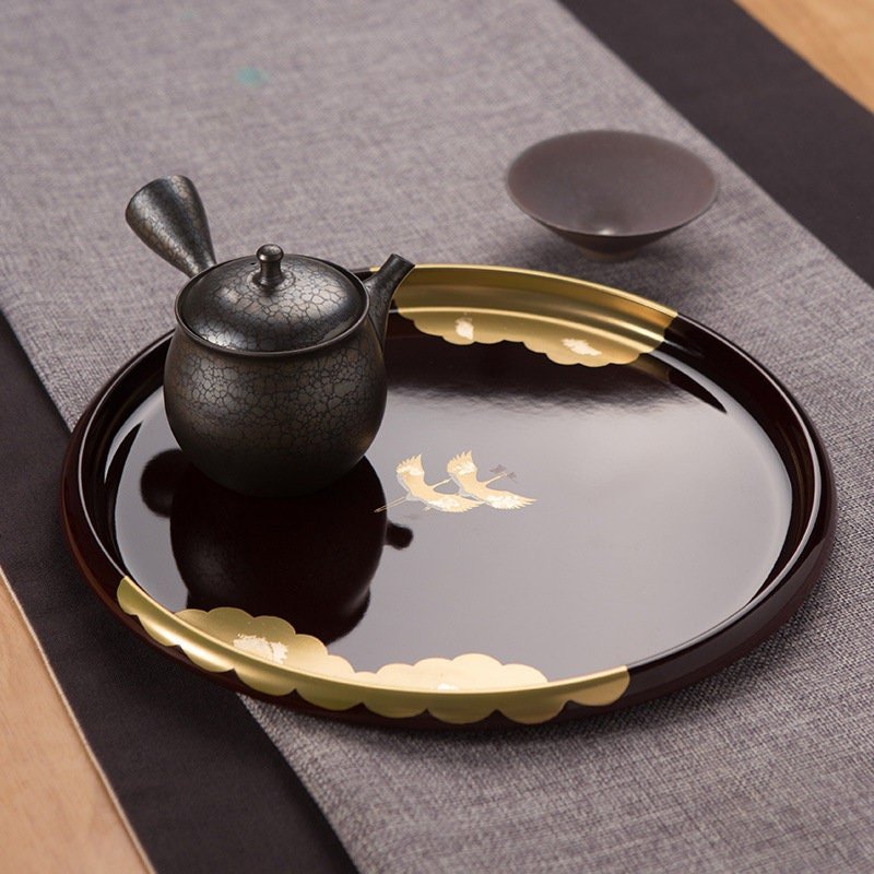 Japan Imported Kishu Lacquerware Resin Tray | Household, Fruit Bowl, Kung Fu Tea Tray, Handmade, Round Pill Basin, Gold Crane Pattern - -