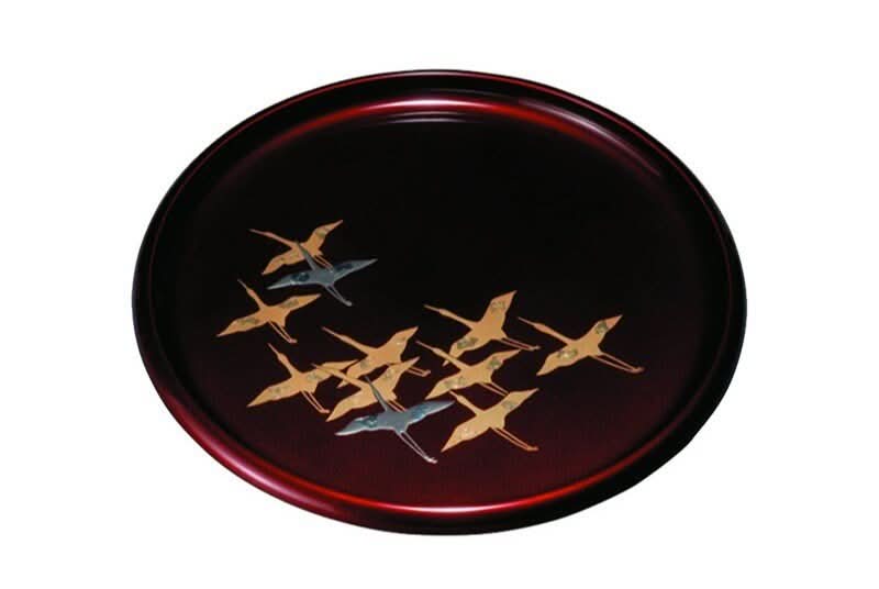 Japan Imported Kishu Lacquerware Tray: Round, gold crane pattern on dark red resin.