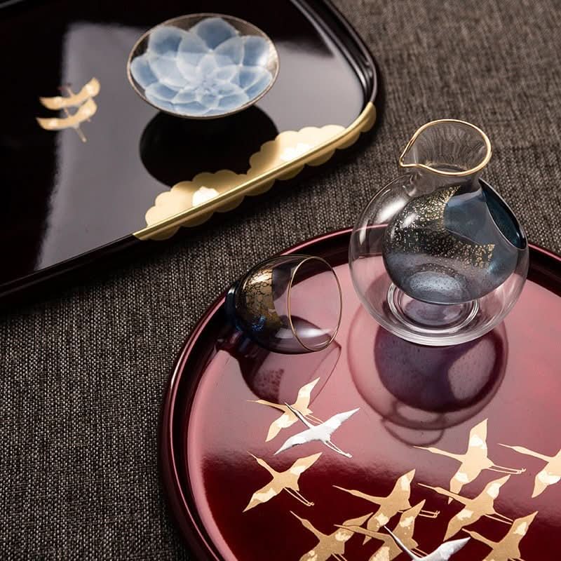 Japan Imported Kishu Lacquerware Resin Tray with gold crane pattern, dark red and black trays.