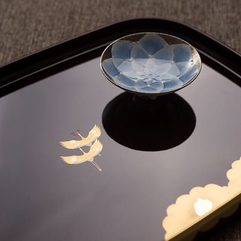 Japan Imported Kishu Lacquerware Tray with gold cranes, blue floral dish.
