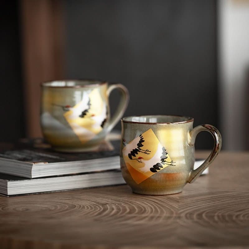 Japan Imported Kutani Burning Crane Mug, Japanese-style ceramic water cup with crane design.