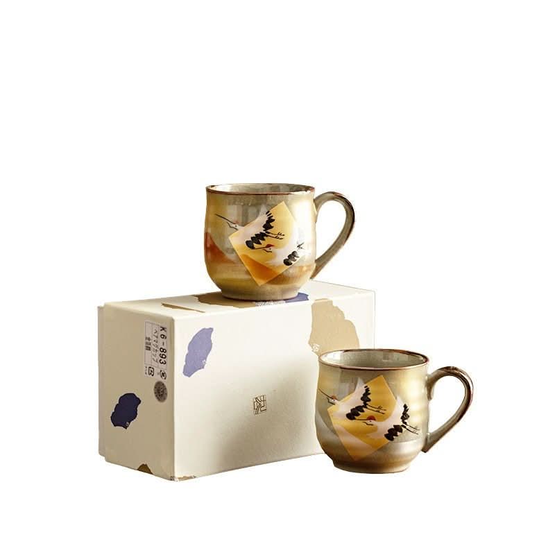 Kutani Burning Crane Mug set: 8.11oz Japanese-style water cups with gold & cream glaze, crane motif.