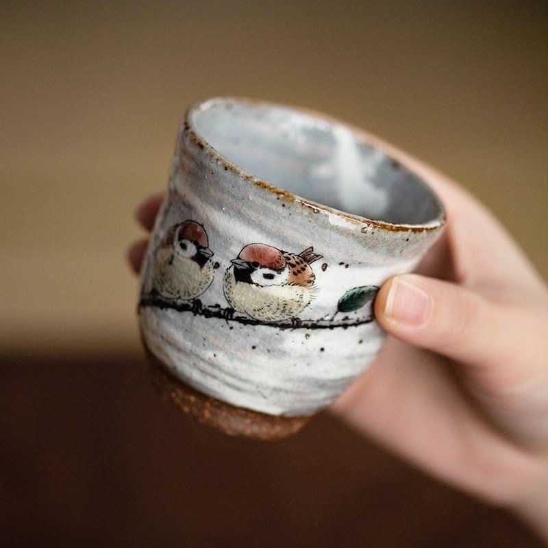 Japan Imported Kutani-Yaki Ceramic Cups 7.4oz with sparrow art. Handmade home decor.