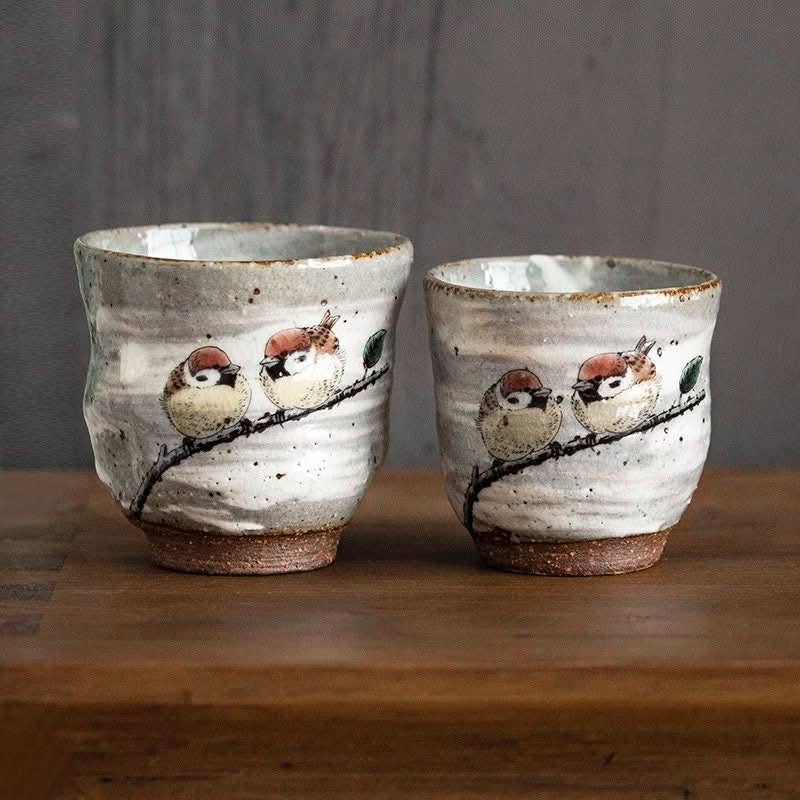Kutani-Yaki ceramic cups with sparrow design, 7.4oz, home decor ceramic cups from Japan.
