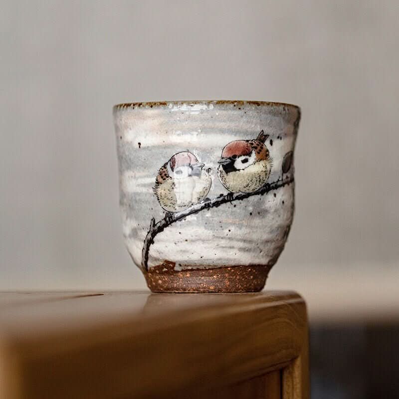 Japan Imported Kutani-Yaki Ceramic Cup with sparrows, 7.4oz