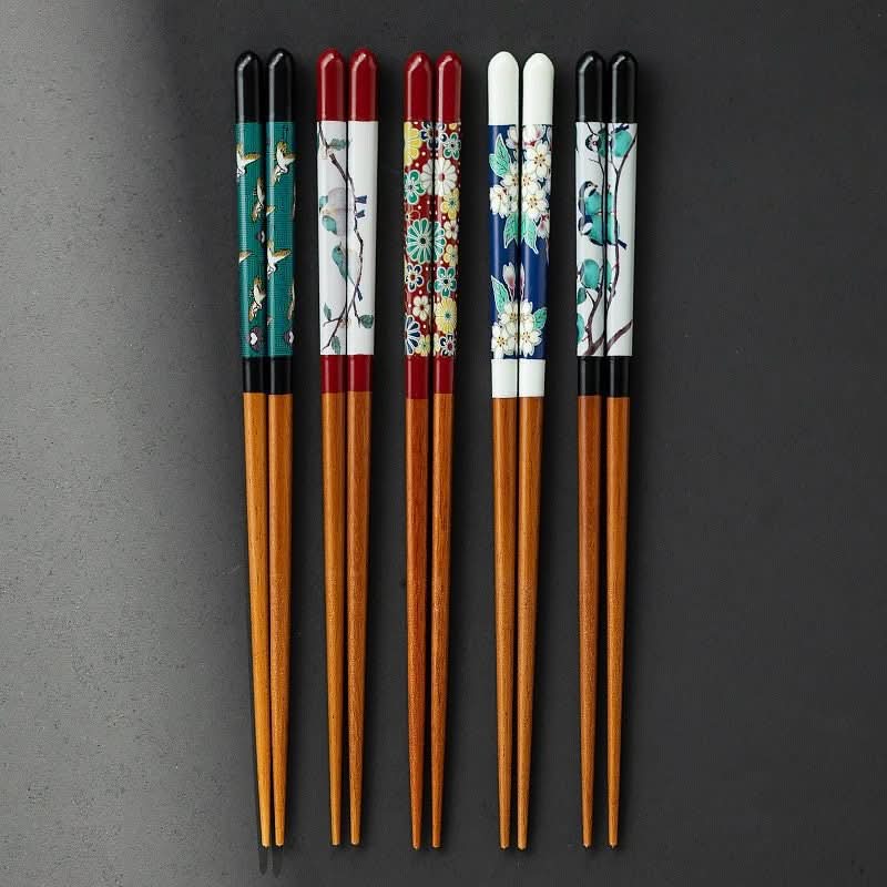 Japan Imported Kutani-Yaki Natural Wooden Chopsticks with floral and bird designs