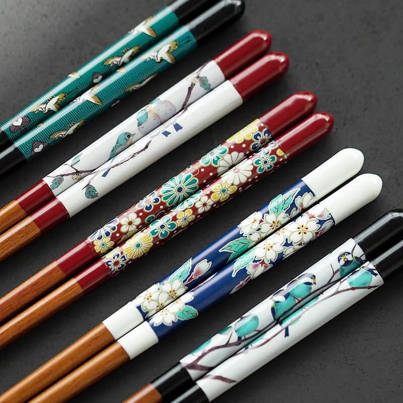 Japan Imported Kutani-Yaki Natural Wooden Chopsticks with floral & bird designs