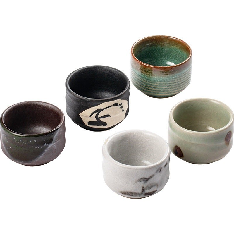 Japan Imported Mino Burning Evening Wind Tea Cup Five-Piece | Japanese-Style, Simple Ceramic, Small Cup, Gift Wooden Box - -