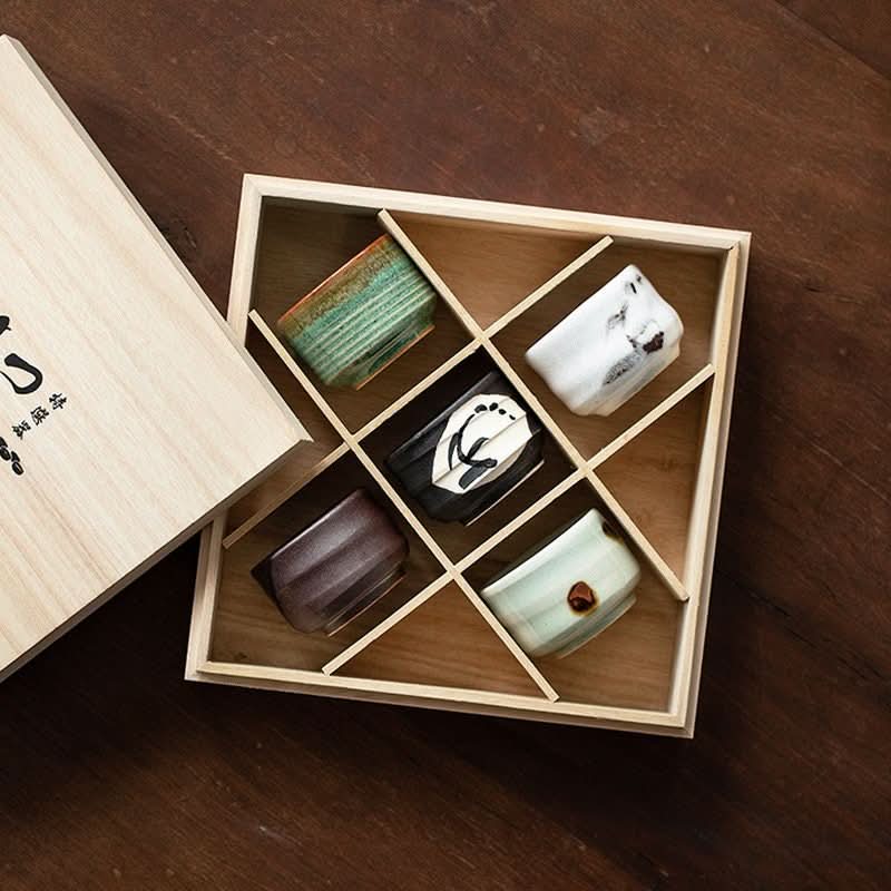 Japanese Tea Set 2.29oz/65ml Mino-ware Evening Wind collection in wooden box, varied colors.