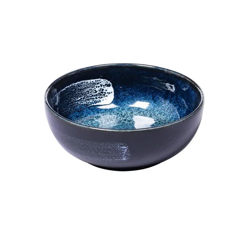 Japan imported Mino Kiln changed brush hair ceramic bowl, deep blue glaze with white speckled detail.