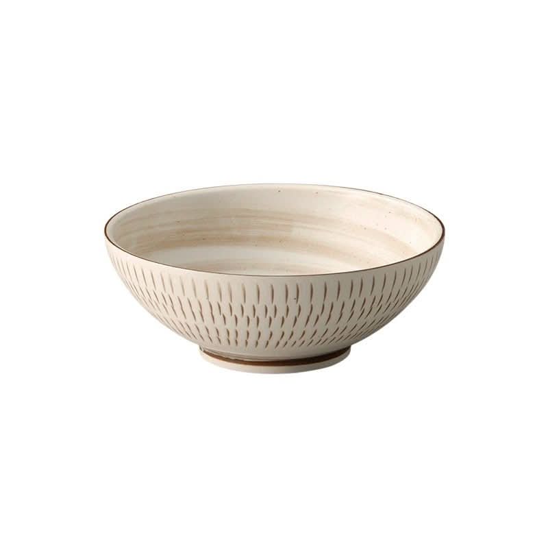 Japan Imported Mino Minyun Ceramic Soup Bowl, textured beige Japanese ramen bowl.