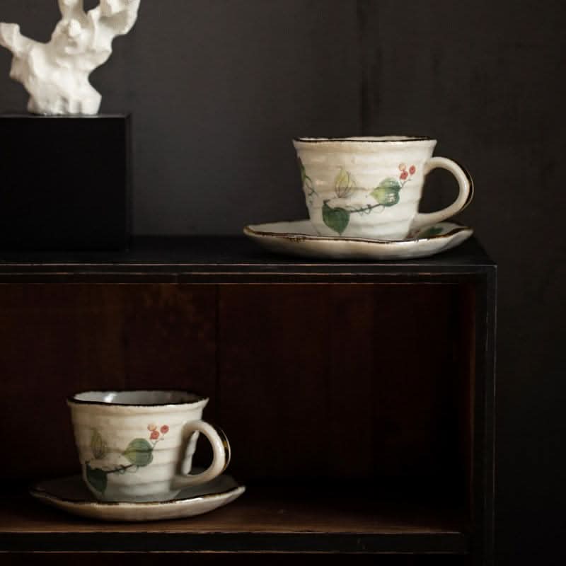 Japan Imported Mino Roasted Ceramic Vine Coffee Set Cup with saucer, Japanese style home decor.