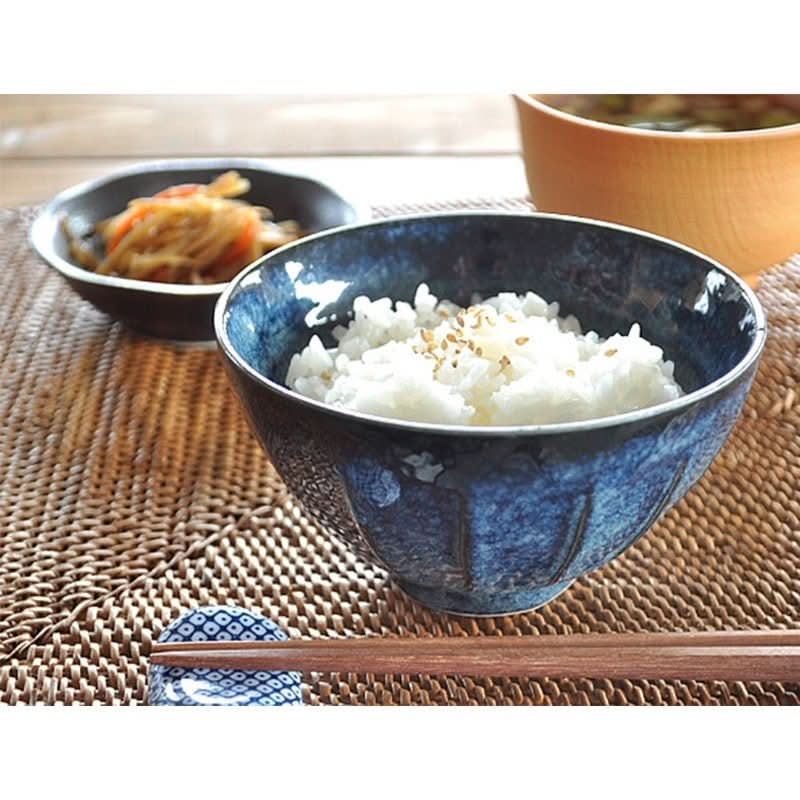 Japan Imported Mino-Yaki Ceramic Bowl Set with rice & soup, showcasing handmade blue glaze.