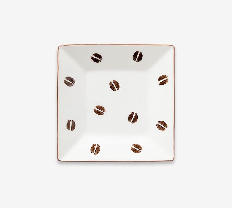 White ceramic coffee cup, 10.14oz, with Japan imported Mino Yaki brown coffee bean pattern.