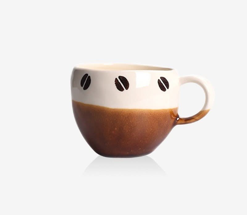 Japan Imported Mino Yaki Ceramic Coffee Cup, white with brown gradient & coffee bean design