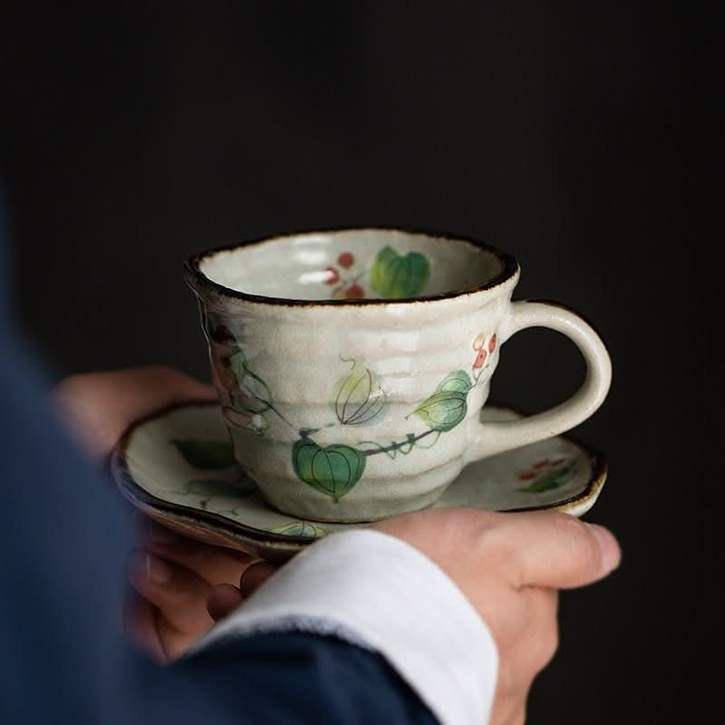 Japan Imported Mino-Yaki Ceramic Grape Vine Coffee Set Cup 7.1oz, Japanese teacup with saucer.