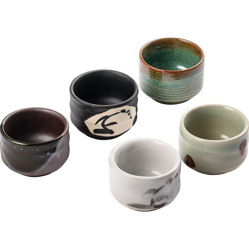 Mino-Yaki Night Breeze tea cups: five ceramic small cups in earthy tones with Japanese design.