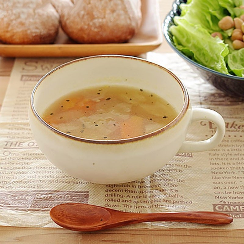 Japan Imported Mino-Yaki Single Handle White Ceramic Bowl 12.17oz| Shallow Soup Cup, Breakfast, Porridge, Cup - -