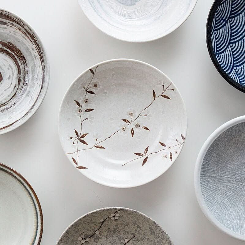Mino yaki deep dish with underglaze floral design, Japanese-style ceramic tableware.