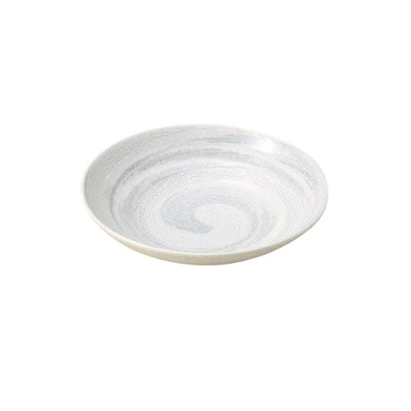 Japan Imported Mino yaki deep dish with underglaze swirl pattern, white & grey ceramic tableware.