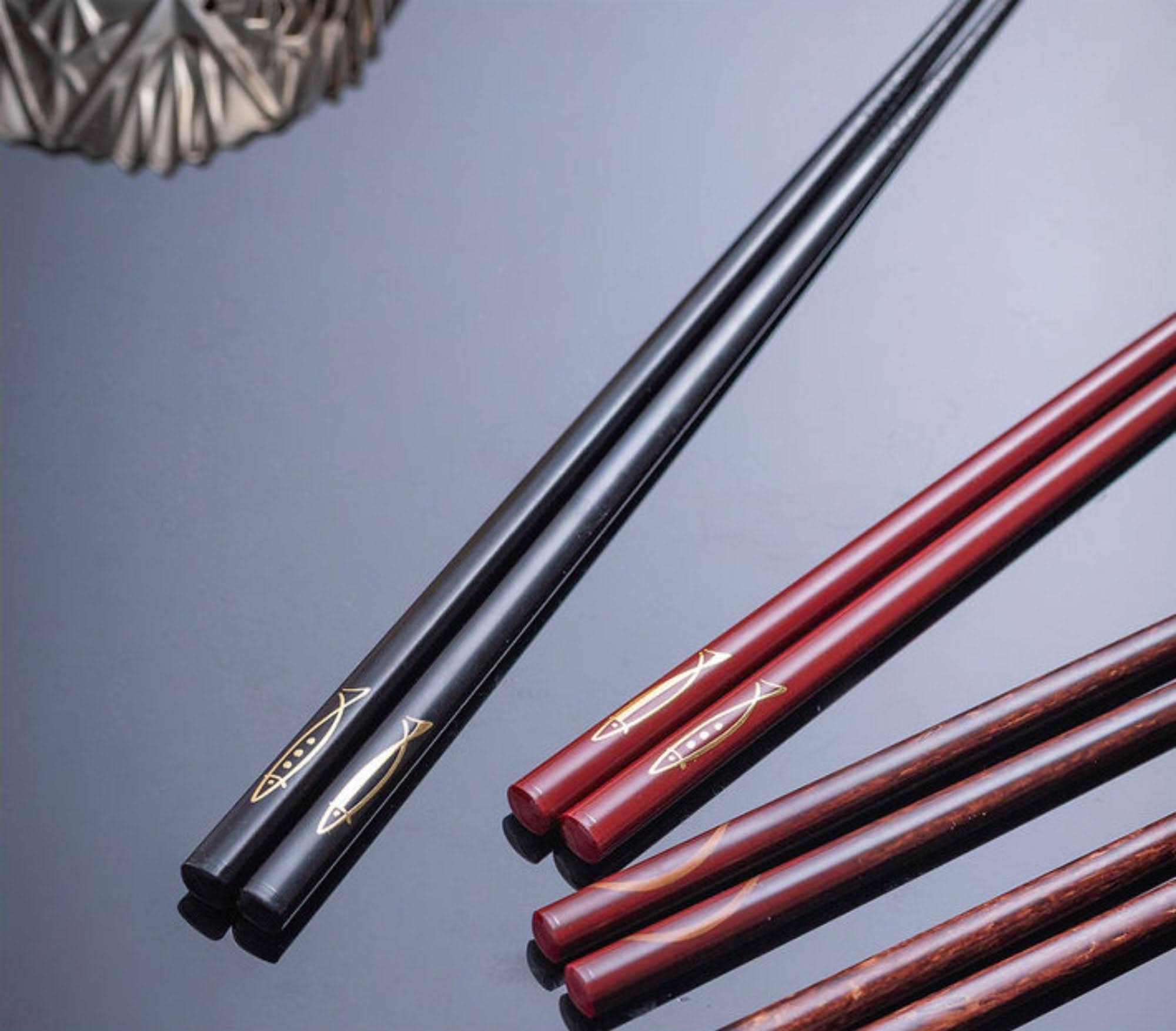 Black & red Japan Imported Non-Slip Koi Fish Wooden Chopsticks with gold koi design