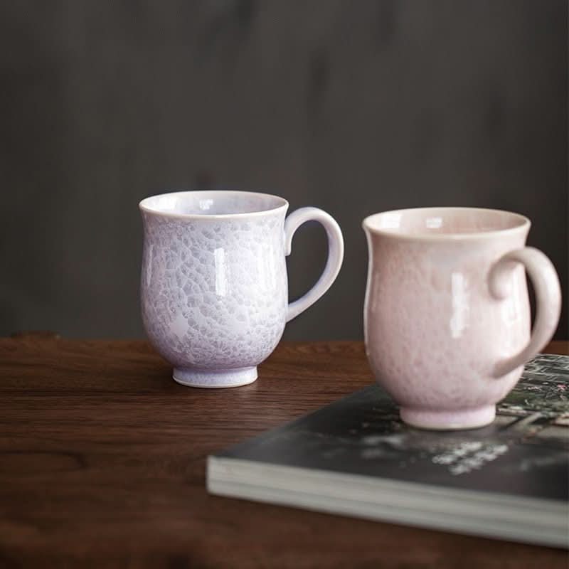 Japan Imported Pottery & Clear Water Burning Flower Mug, 9.5oz, light purple & pink ceramic.
