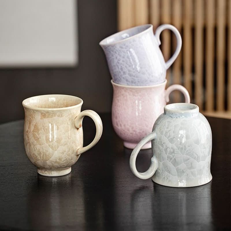 Japan Imported Pottery Crystal Glaze Mug: Beige, pink, and lavender ceramic cups.