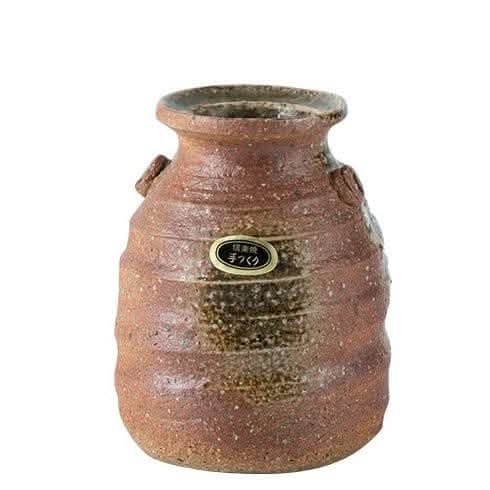 Brown stoneware pottery vase ornament, Japan imported, with rustic texture and handles.