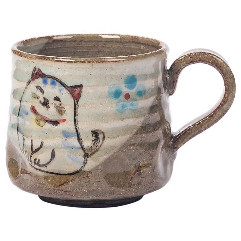 Seto-yaki Ceramic Flower Language Cat Mug, 8.11oz. Hand-painted ceramic with a whimsical cat design and floral accents.