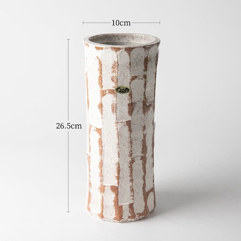 Japan imported Shigaraki ceramic flower arrangement, textured white and brown vase, 26.5cm tall.