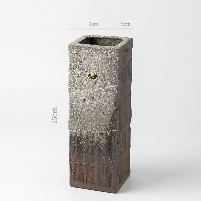 Japan imported Shigaraki ceramic flower arrangement, grey and brown rustic texture, 25cm tall.