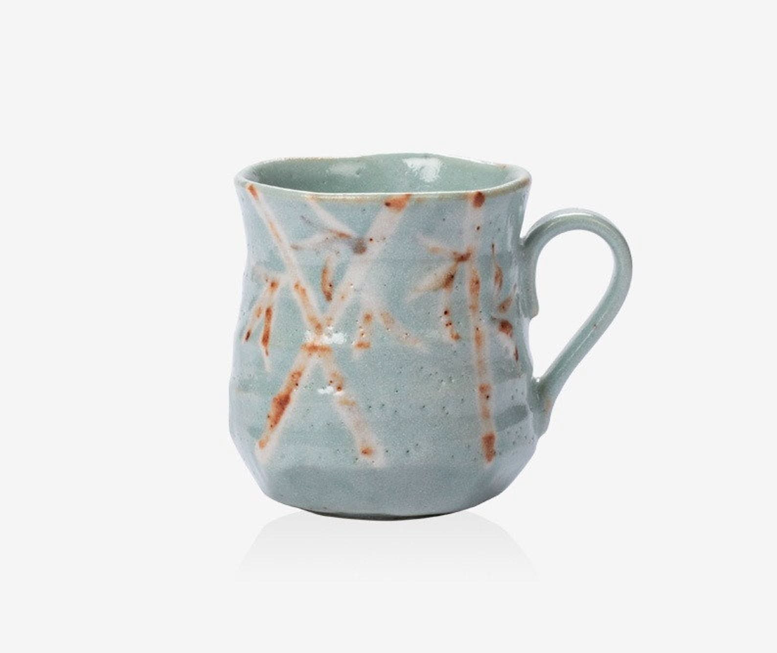 Japan Imported Shino-Yaki Retro Ceramic Mug, light blue with brown bamboo pattern, 8.8oz.