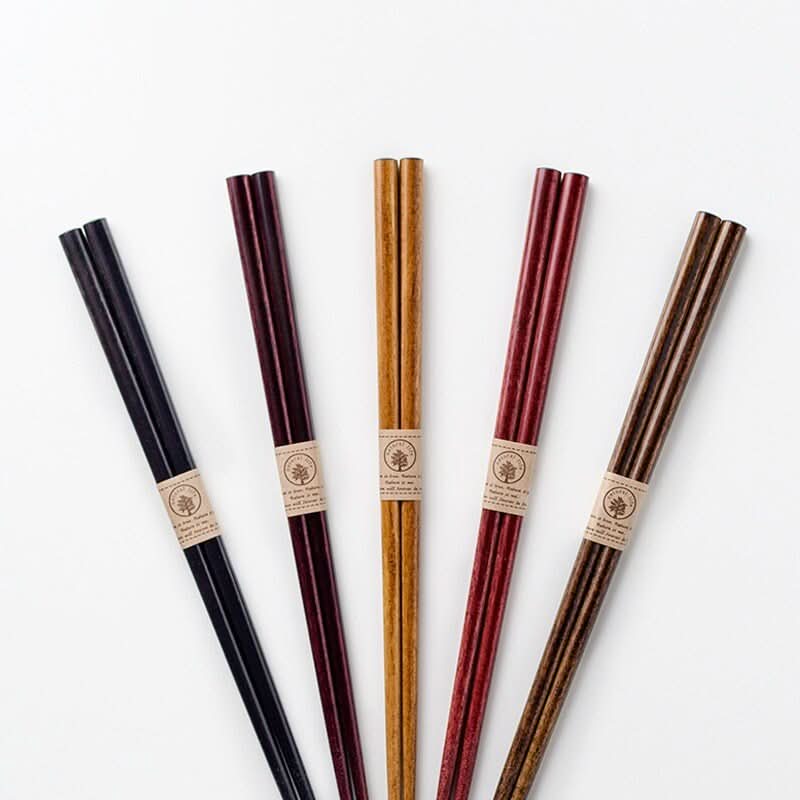 Japan Imported Sunlife Color Wooden Chopsticks, five solid wood pairs in black, maroon, natural, red, and brown.