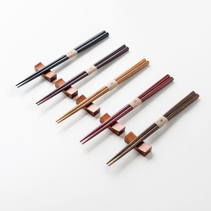 Japan Imported Sunlife Color Wooden Chopsticks - Five solid wood pairs in black, brown, gold, red, and dark wood.