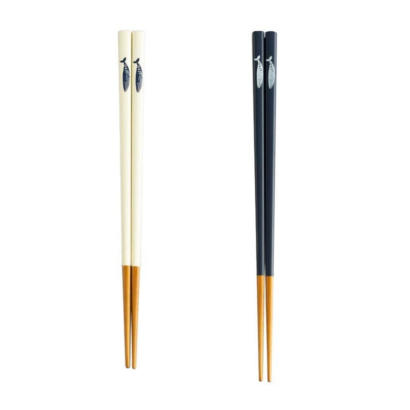Japan Imported SUNLIFE Household Pointed Chopsticks - beige & navy with whale design, wooden tips.