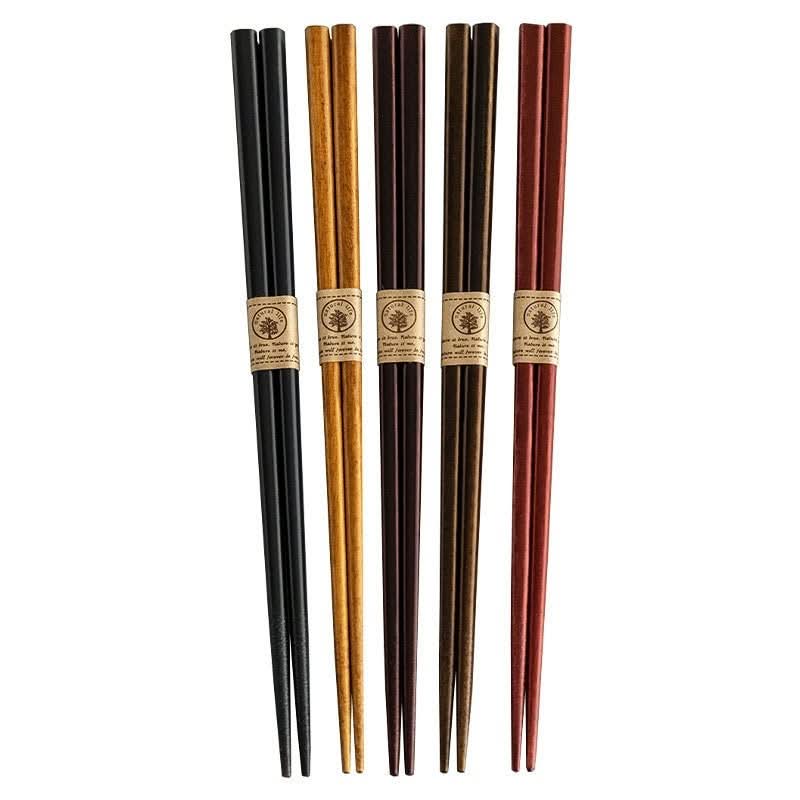 Set of 4 colored wooden chopsticks, natural wood grain, non-slip design.