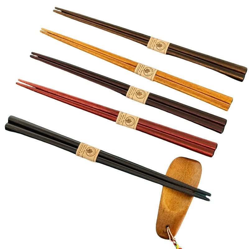 Multicolored wooden chopsticks, non-slip, pointed tips.