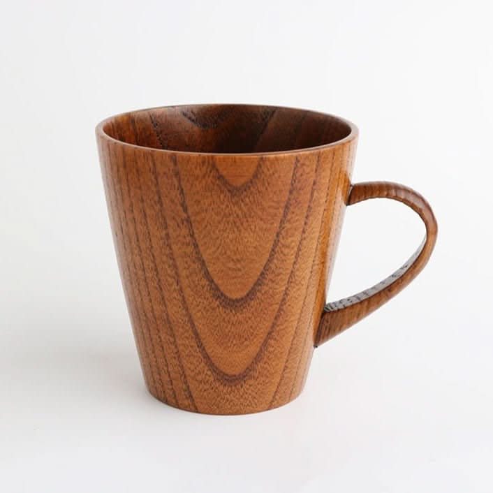 Japan Imported Traditional Lacquered Chestnut Wood Mug: warm brown wood grain mug with a handle.