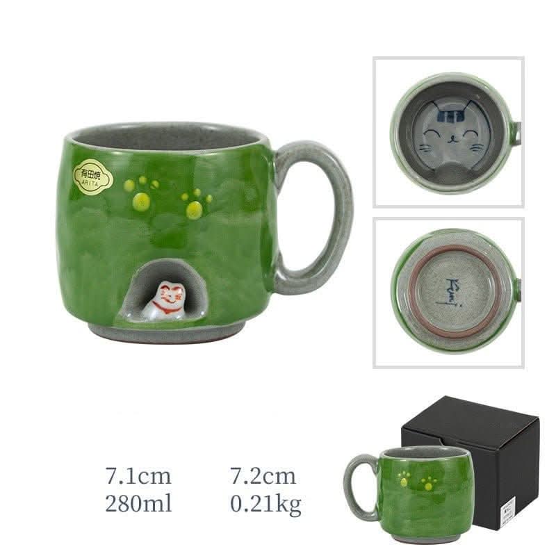 Green Arita ware hand-made cat mug with lucky cat, 280ml.