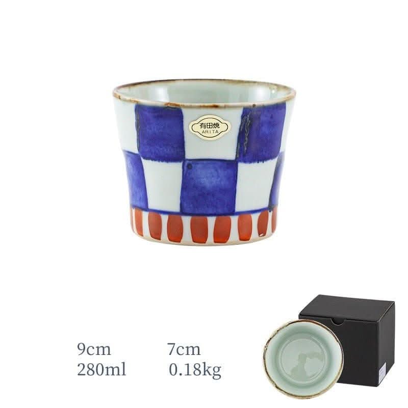 Japan imports Arita ware hand-painted blue & white checkered mug with red base.