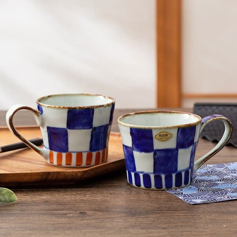 Japan imports Arita ware hand-painted white & blue checkered mug. Ceramic home decor.