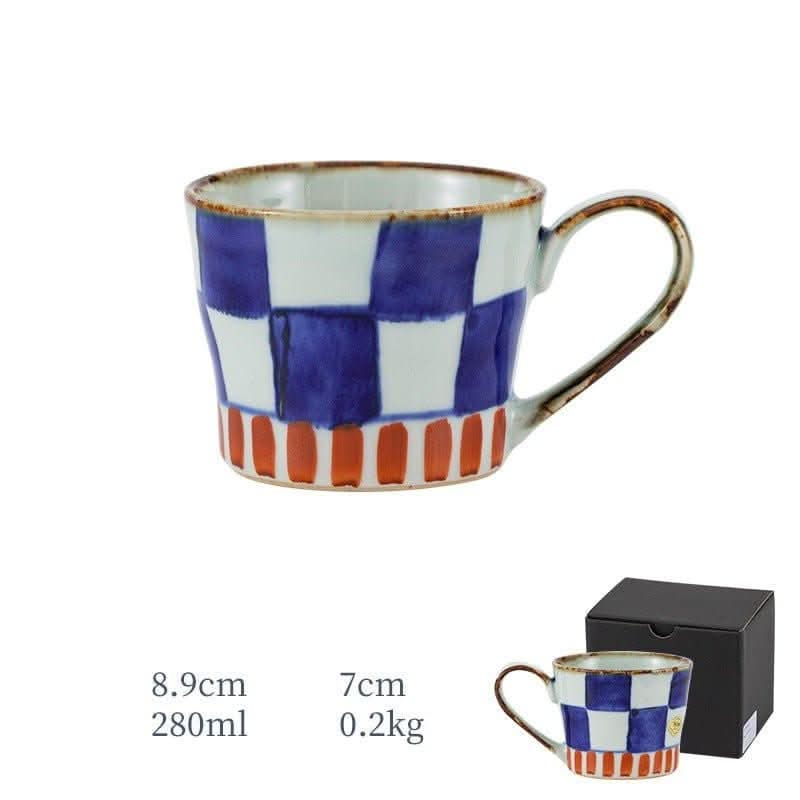 Japan imports Arita ware hand-painted white and blue checkered mug. Home decor.