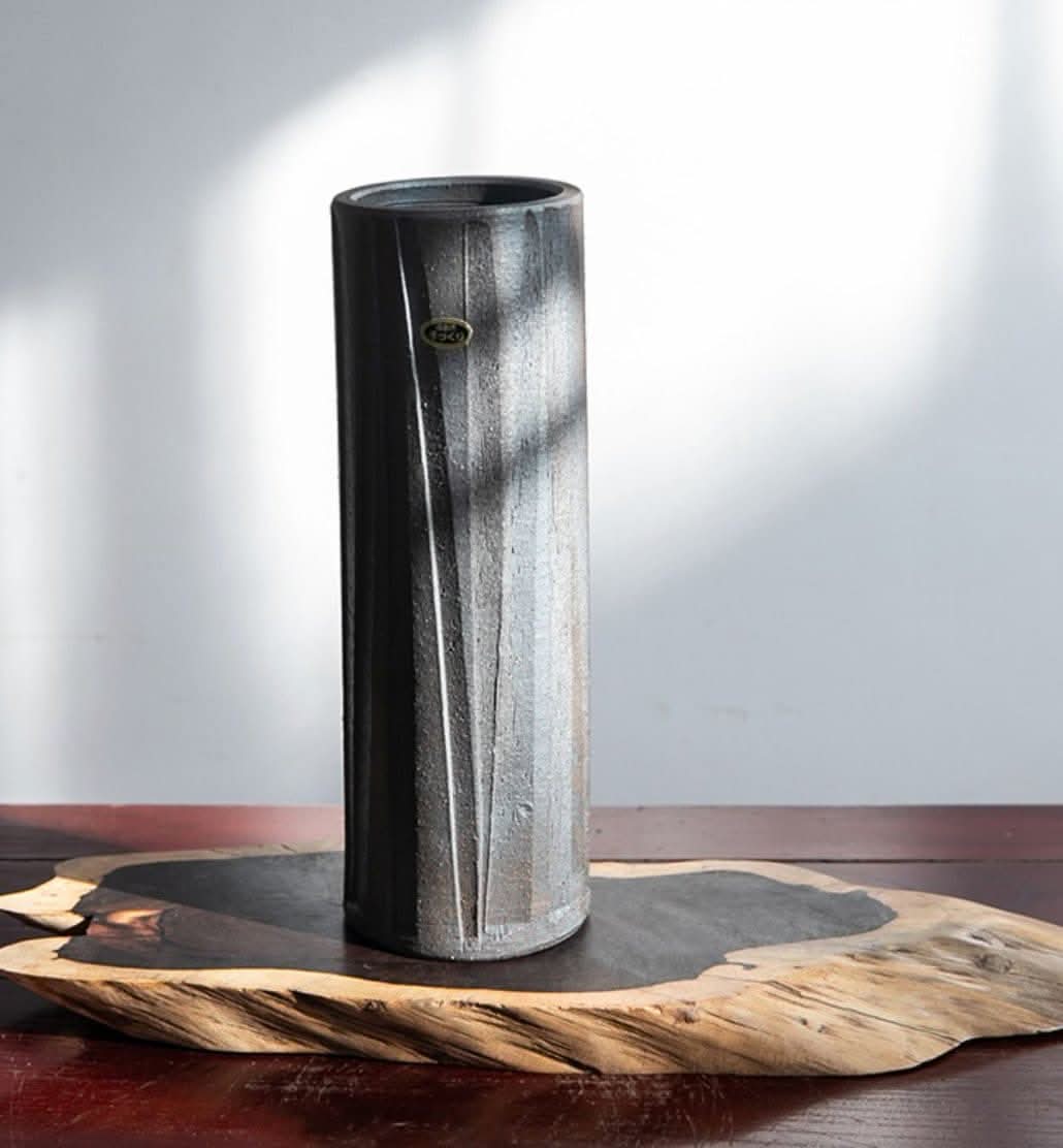 Lead-colored Shigaraki ceramics vase with rough texture, Japan imports