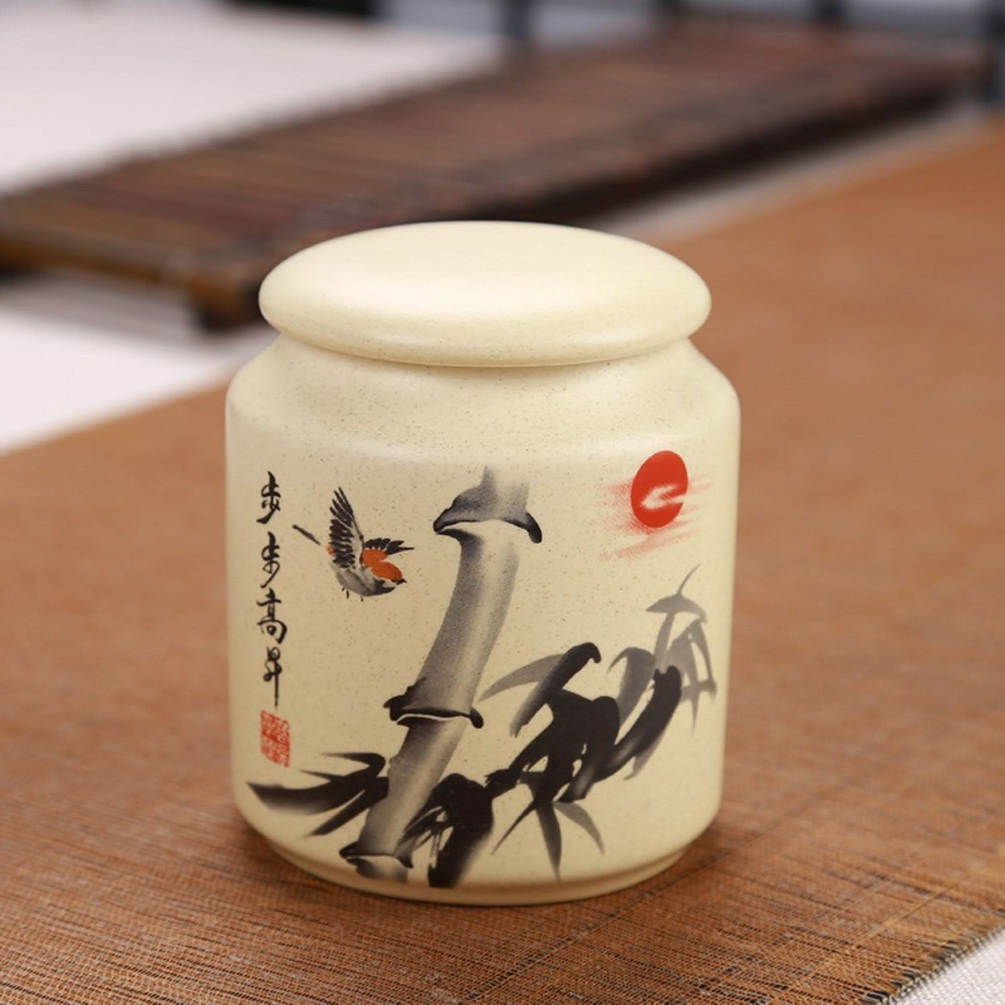 Japanese Art Ceramic Tea Container with bamboo and bird painting