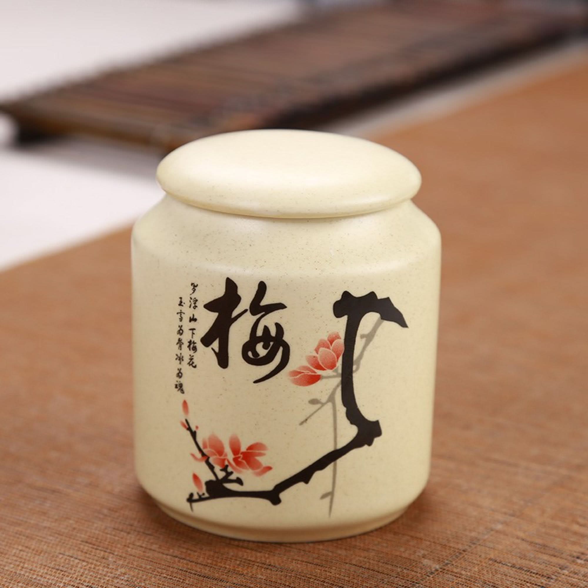 Japanese Art Ceramic Tea Container with plum blossom design, beige glaze, perfect for tea, coffee, sugar, spices, herbs.