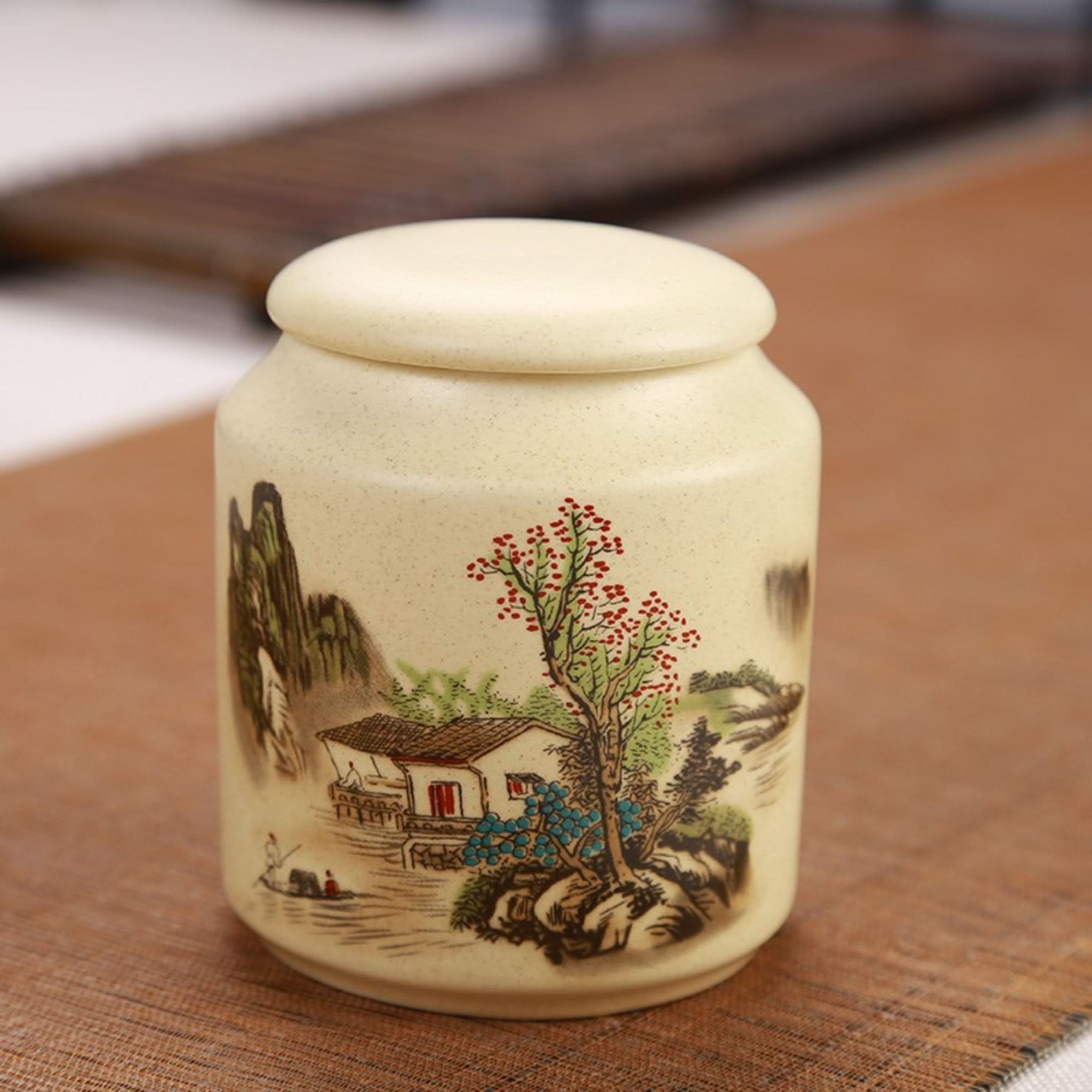 Japanese Art Ceramic Tea Container with scenic landscape painting, beige, ivory lid.