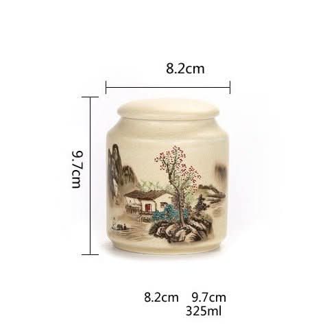 Japanese Art Ceramic Tea Container with scenic painting. 8.2cm x 9.7cm.