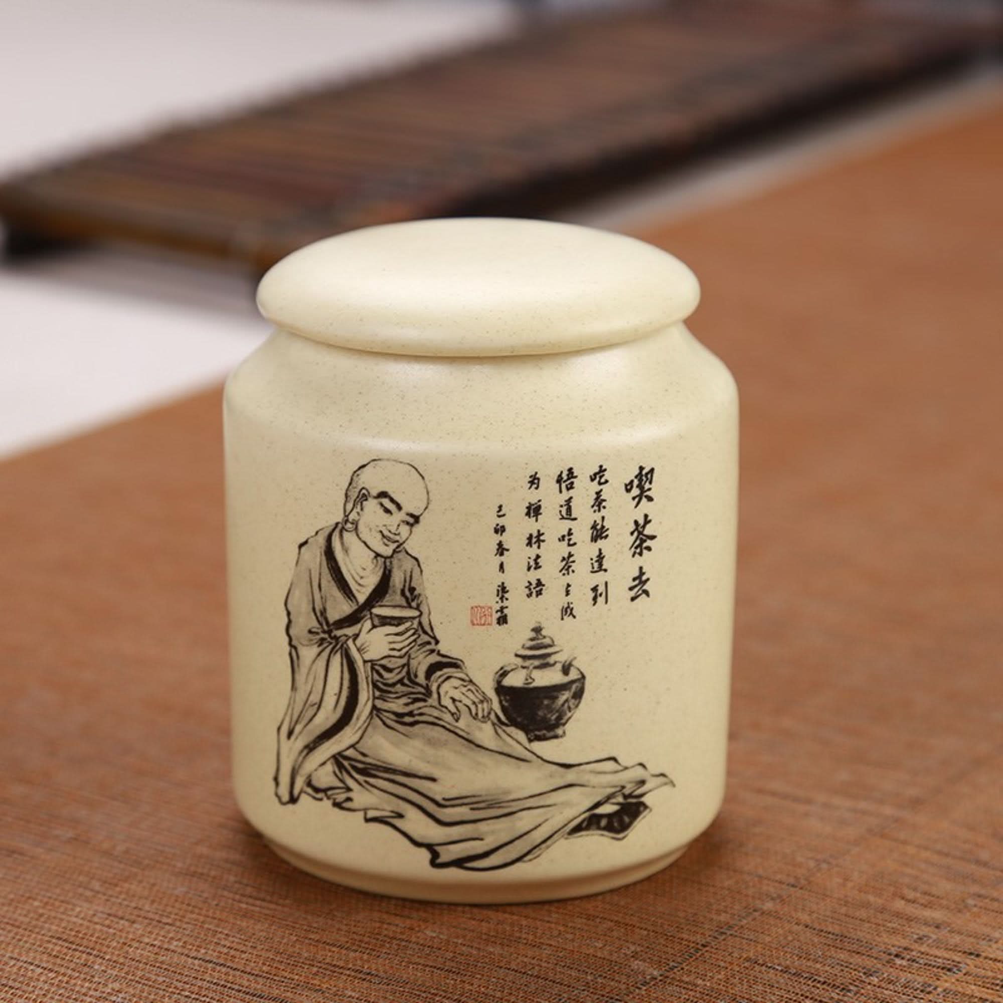Japanese Art Ceramic Tea Container with monk motif, for tea, coffee, sugar, spices
