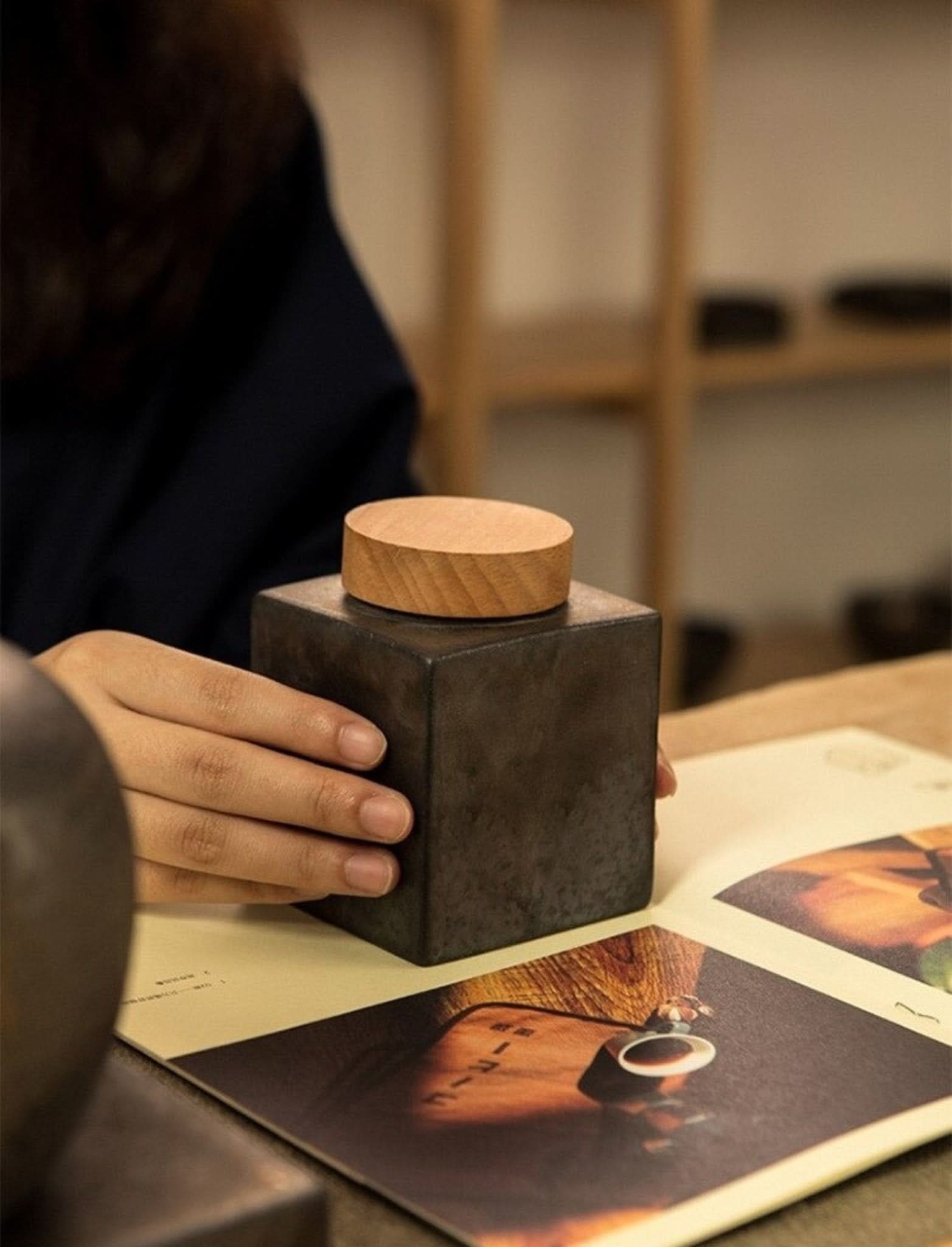 Gray ceramic Tea Jars with wooden lid, home decor.