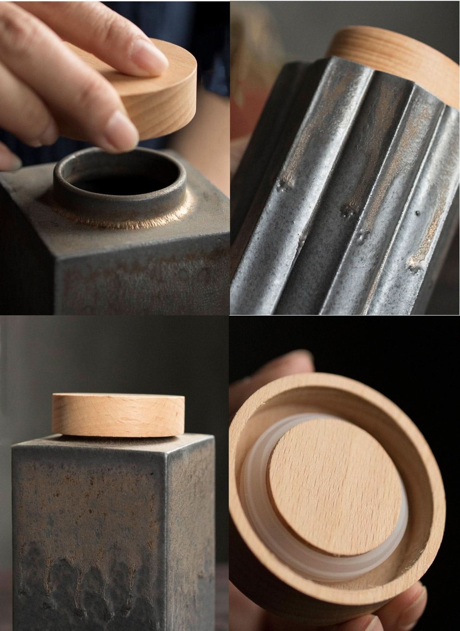 Gray ceramic tea jar with fluted texture and natural wood lid, home decor.